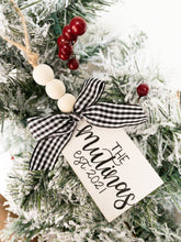 Load image into Gallery viewer, Custom Beaded Wooden Ornament/ Gift Tag/ Stocking Tag with Buffalo Plaid Ribbon